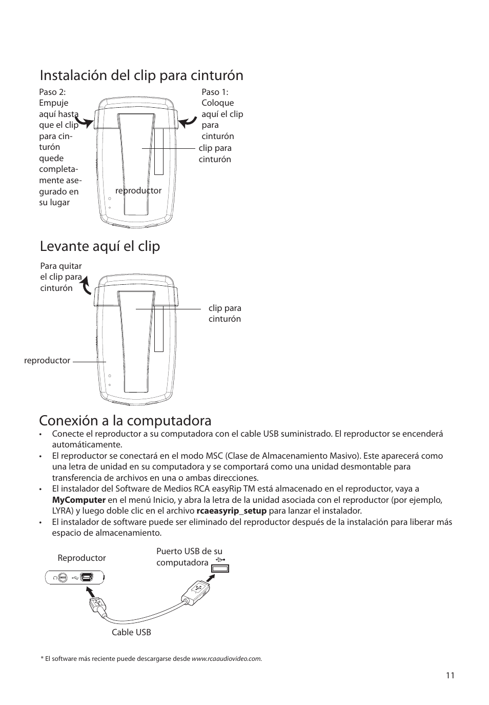 Instalación del clip para cinturón, Levante aquí el clip, Conexión a la computadora | RCA M39 series User Manual | Page 50 / 116