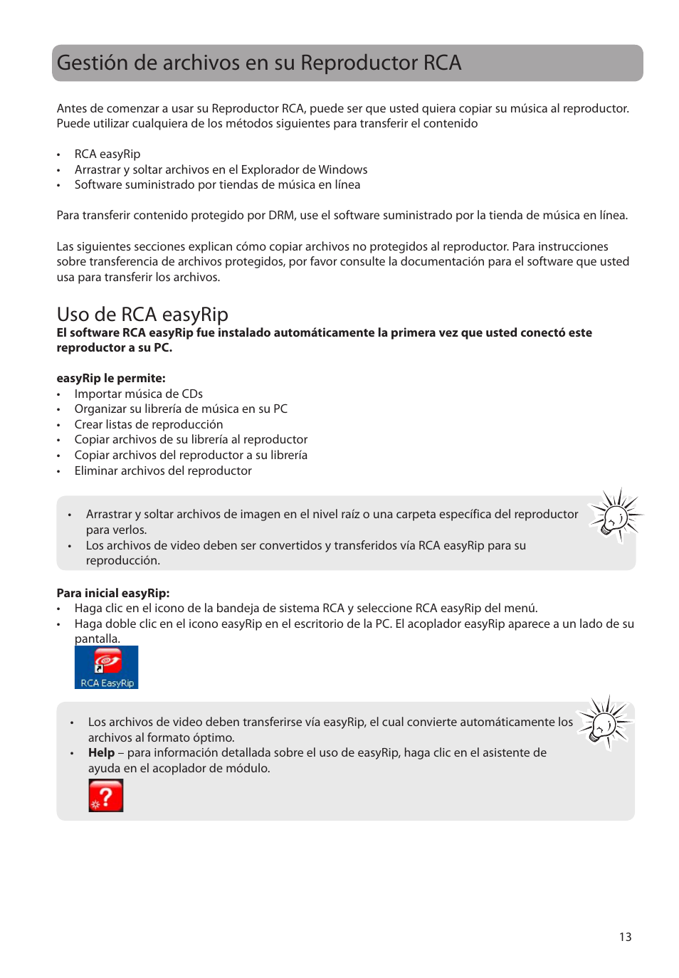 Gestión de archivos en su reproductor rca, Uso de rca easyrip | RCA M39 series User Manual | Page 52 / 116