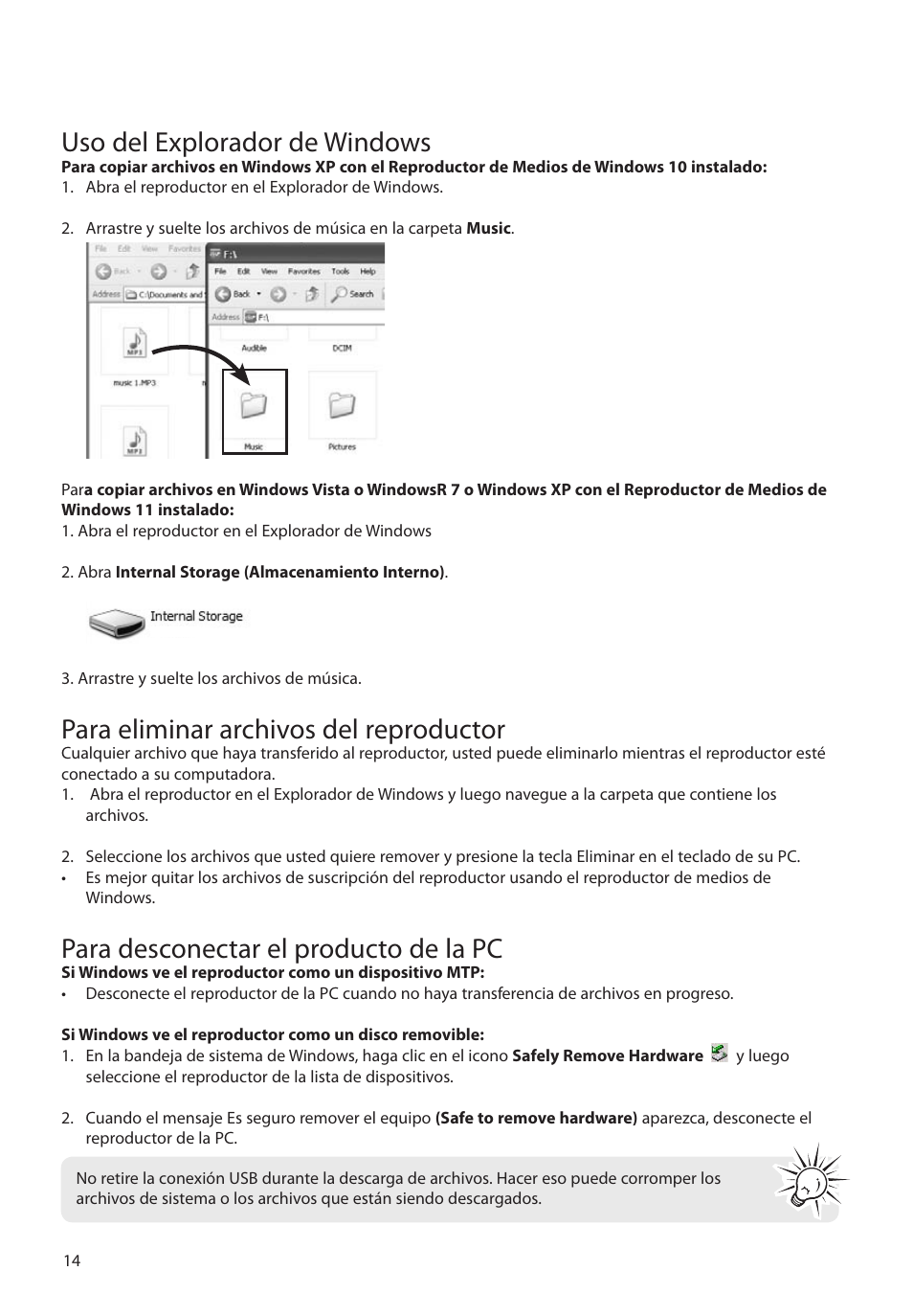 Uso del explorador de windows, Para eliminar archivos del reproductor, Para desconectar el producto de la pc | RCA M39 series User Manual | Page 53 / 116