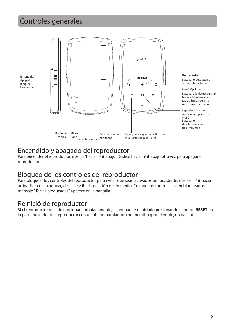 Controles generales, Encendido y apagado del reproductor, Bloqueo de los controles del reproductor | Reinició de reproductor | RCA M39 series User Manual | Page 54 / 116