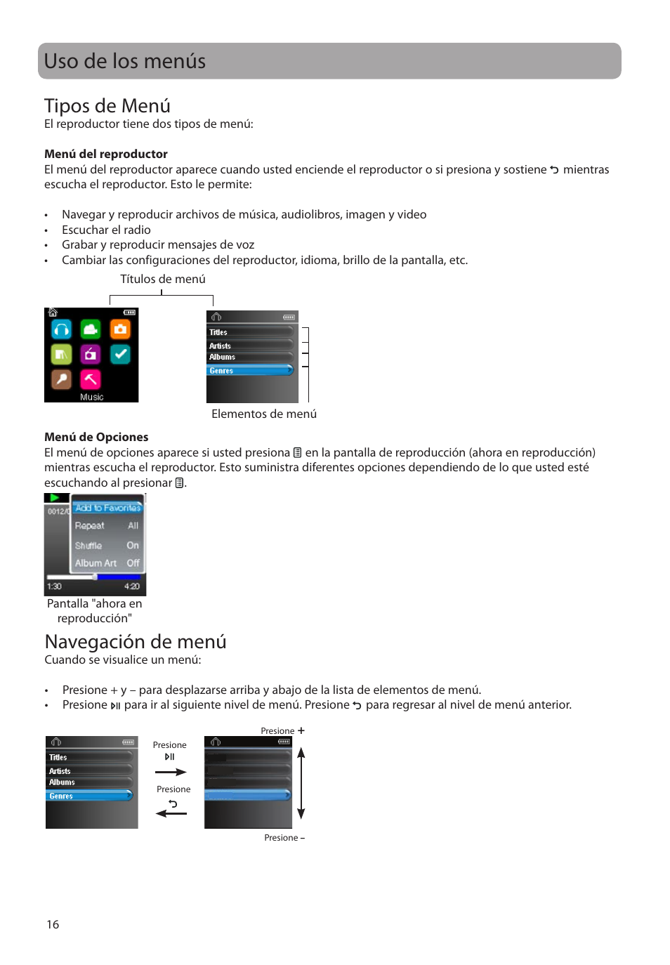 Uso de los menús, Tipos de menú, Navegación de menú | RCA M39 series User Manual | Page 55 / 116