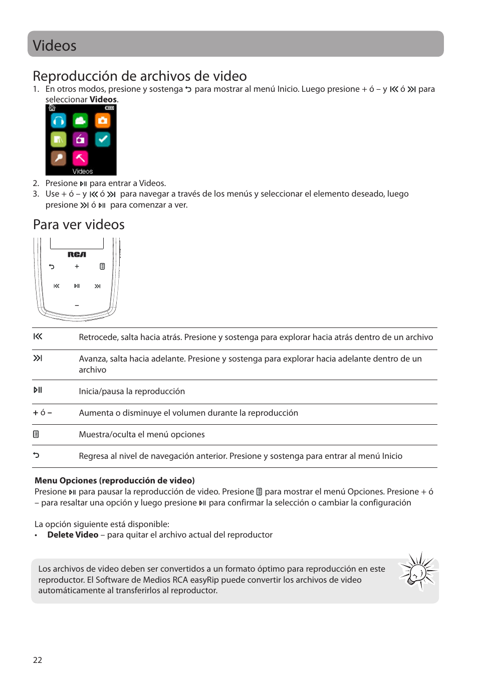 Videos, Reproducción de archivos de video, Para ver videos | RCA M39 series User Manual | Page 61 / 116