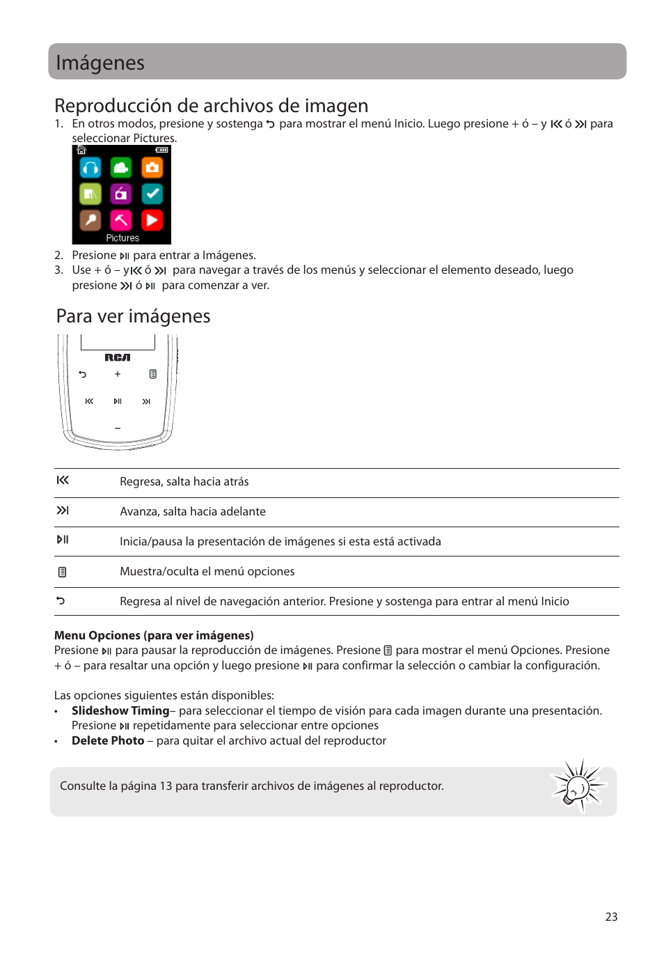 Imágenes, Reproducción de archivos de imagen, Para ver imágenes | RCA M39 series User Manual | Page 62 / 116