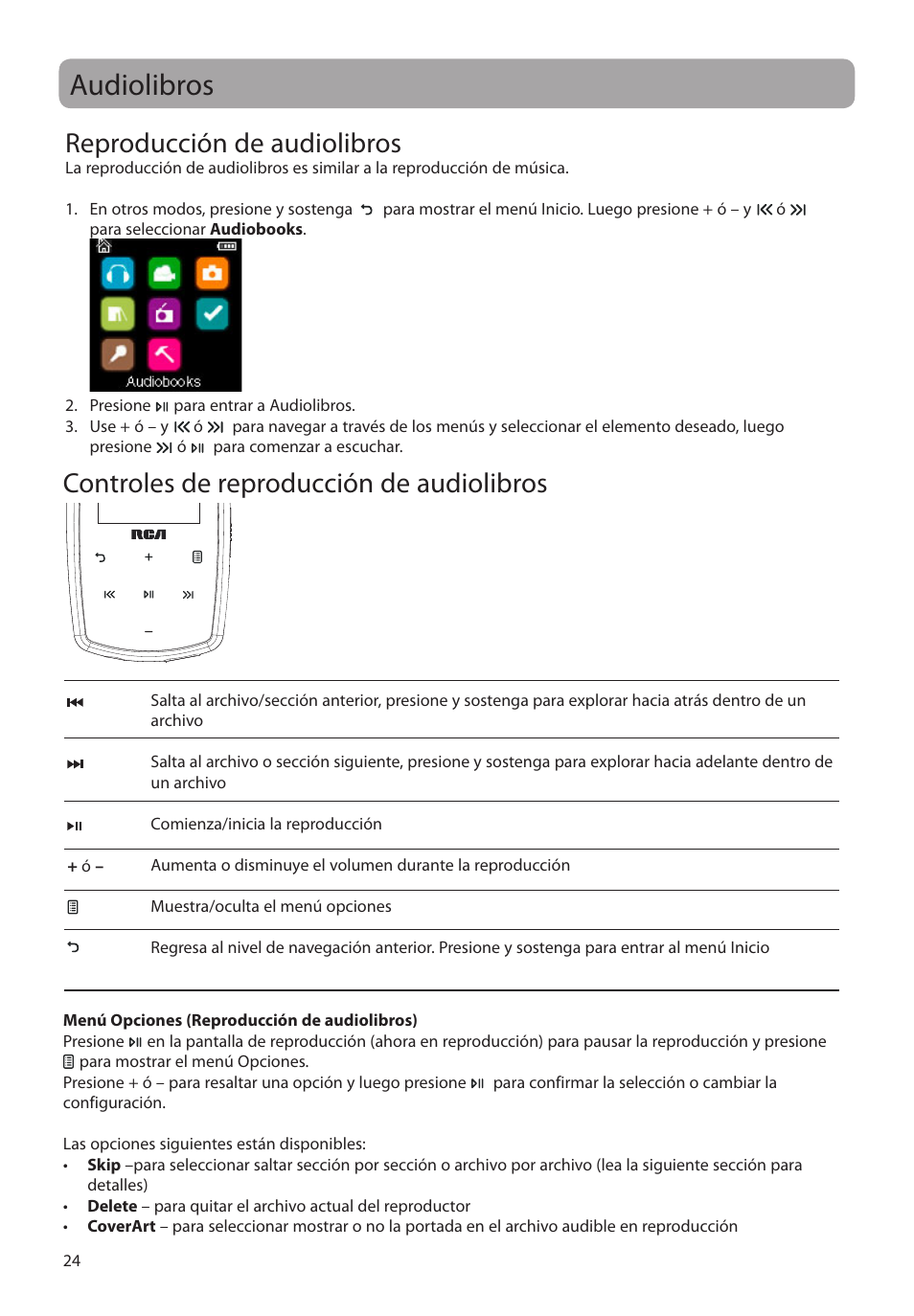 Audiolibros, Reproducción de audiolibros, Controles de reproducción de audiolibros | RCA M39 series User Manual | Page 63 / 116