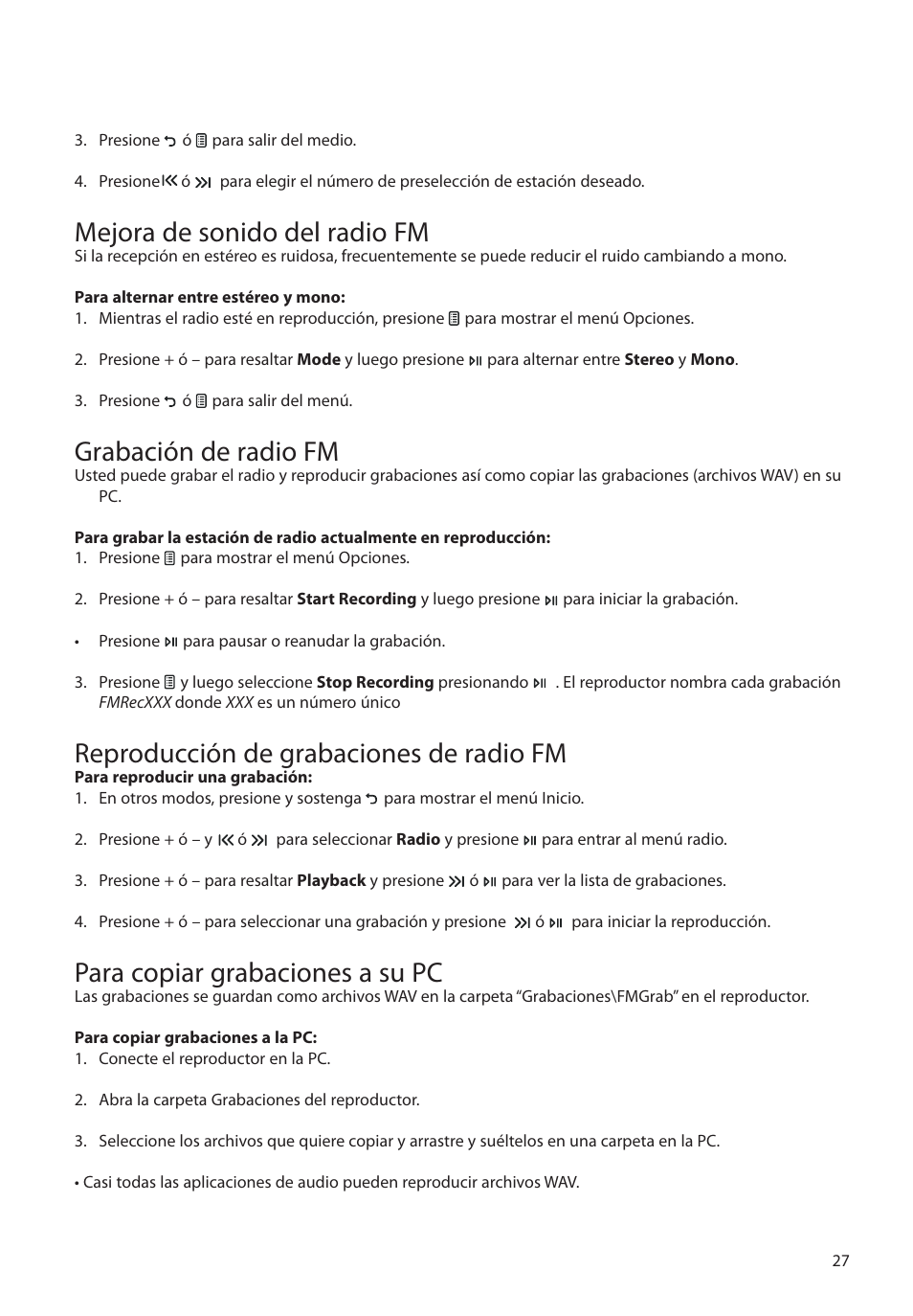 Mejora de sonido del radio fm, Grabación de radio fm, Reproducción de grabaciones de radio fm | Para copiar grabaciones a su pc | RCA M39 series User Manual | Page 66 / 116