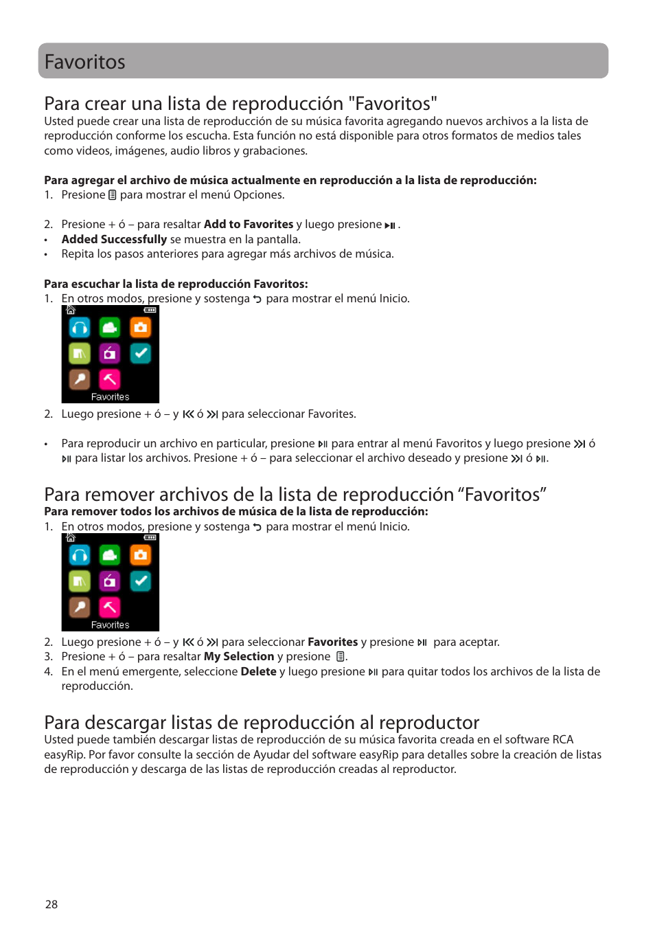 Favoritos, Para crear una lista de reproducción "favoritos | RCA M39 series User Manual | Page 67 / 116