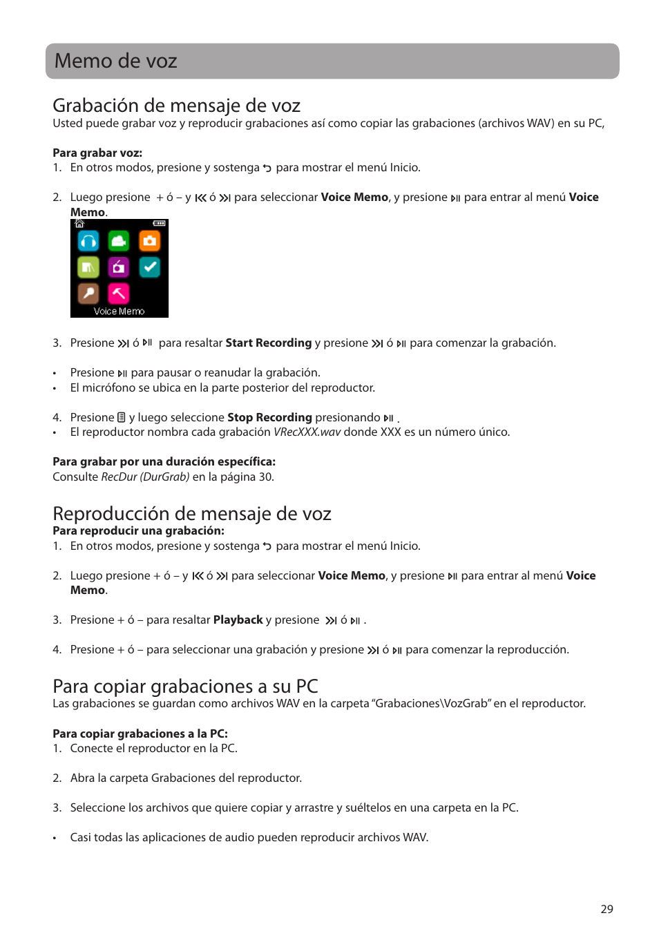 Memo de voz, Grabación de mensaje de voz, Reproducción de mensaje de voz | Para copiar grabaciones a su pc | RCA M39 series User Manual | Page 68 / 116