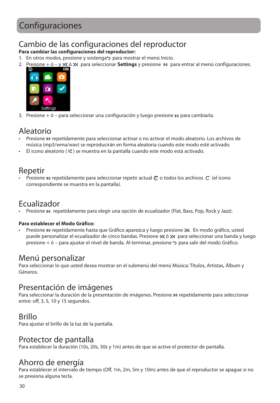 Configuraciones, Cambio de las configuraciones del reproductor, Aleatorio | Repetir, Ecualizador, Menú personalizar, Presentación de imágenes, Brillo, Protector de pantalla, Ahorro de energía | RCA M39 series User Manual | Page 69 / 116