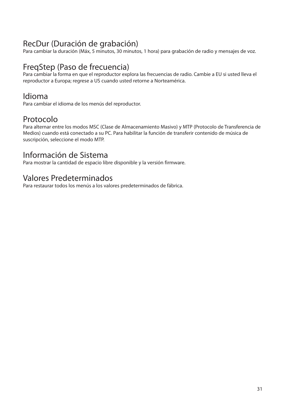 Recdur (duración de grabación), Freqstep (paso de frecuencia), Idioma | Protocolo, Información de sistema, Valores predeterminados | RCA M39 series User Manual | Page 70 / 116