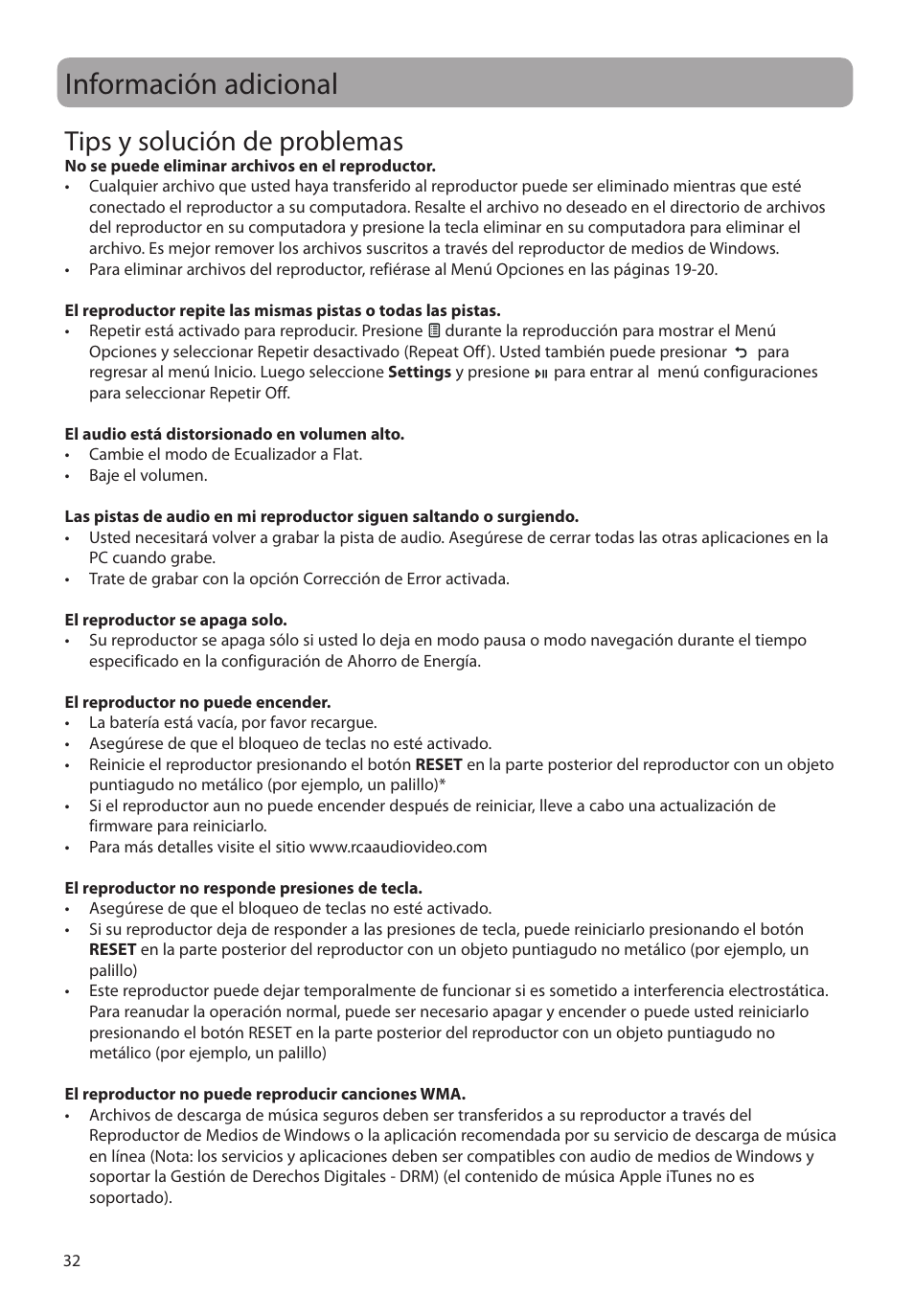 Información adicional, Tips y solución de problemas | RCA M39 series User Manual | Page 71 / 116