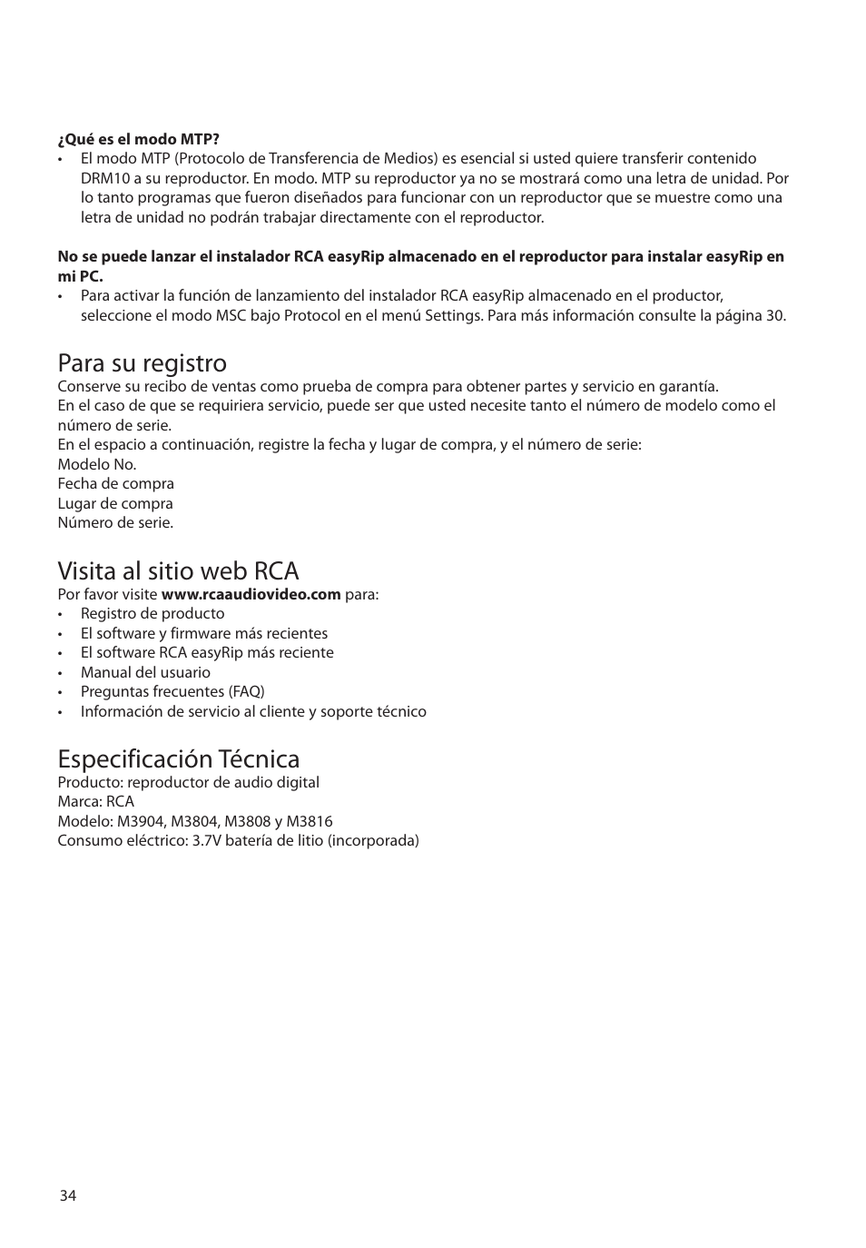 Para su registro, Visita al sitio web rca, Especificación técnica | RCA M39 series User Manual | Page 73 / 116