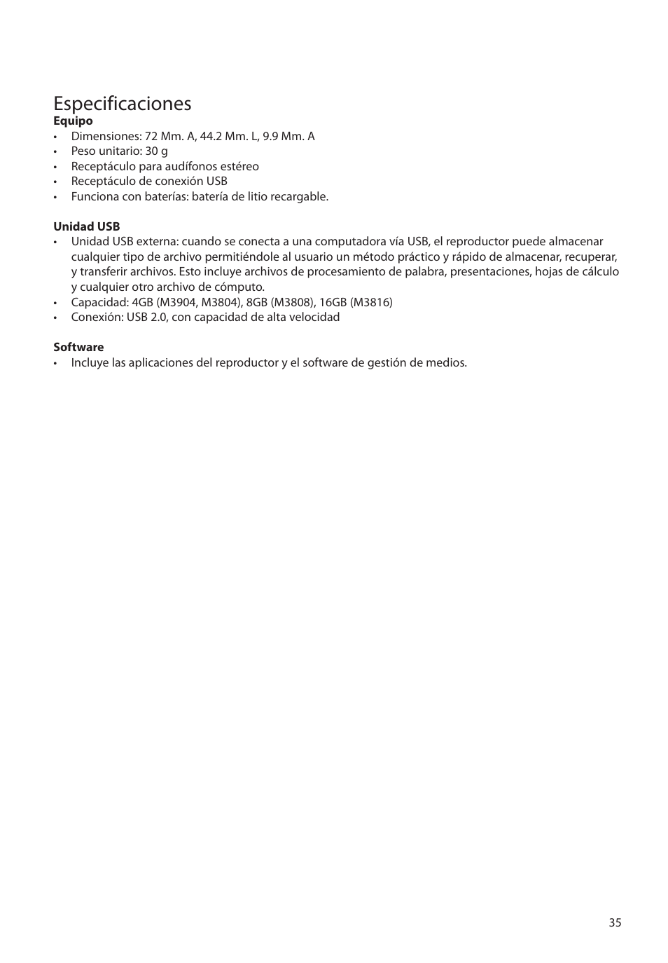 Especificaciones | RCA M39 series User Manual | Page 74 / 116