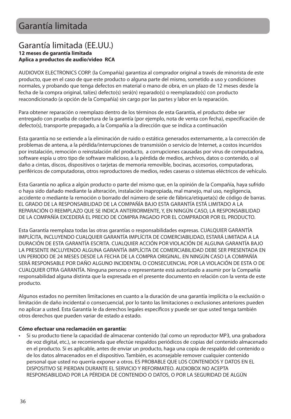 Garantía limitada, Garantía limitada (ee.uu.) | RCA M39 series User Manual | Page 75 / 116