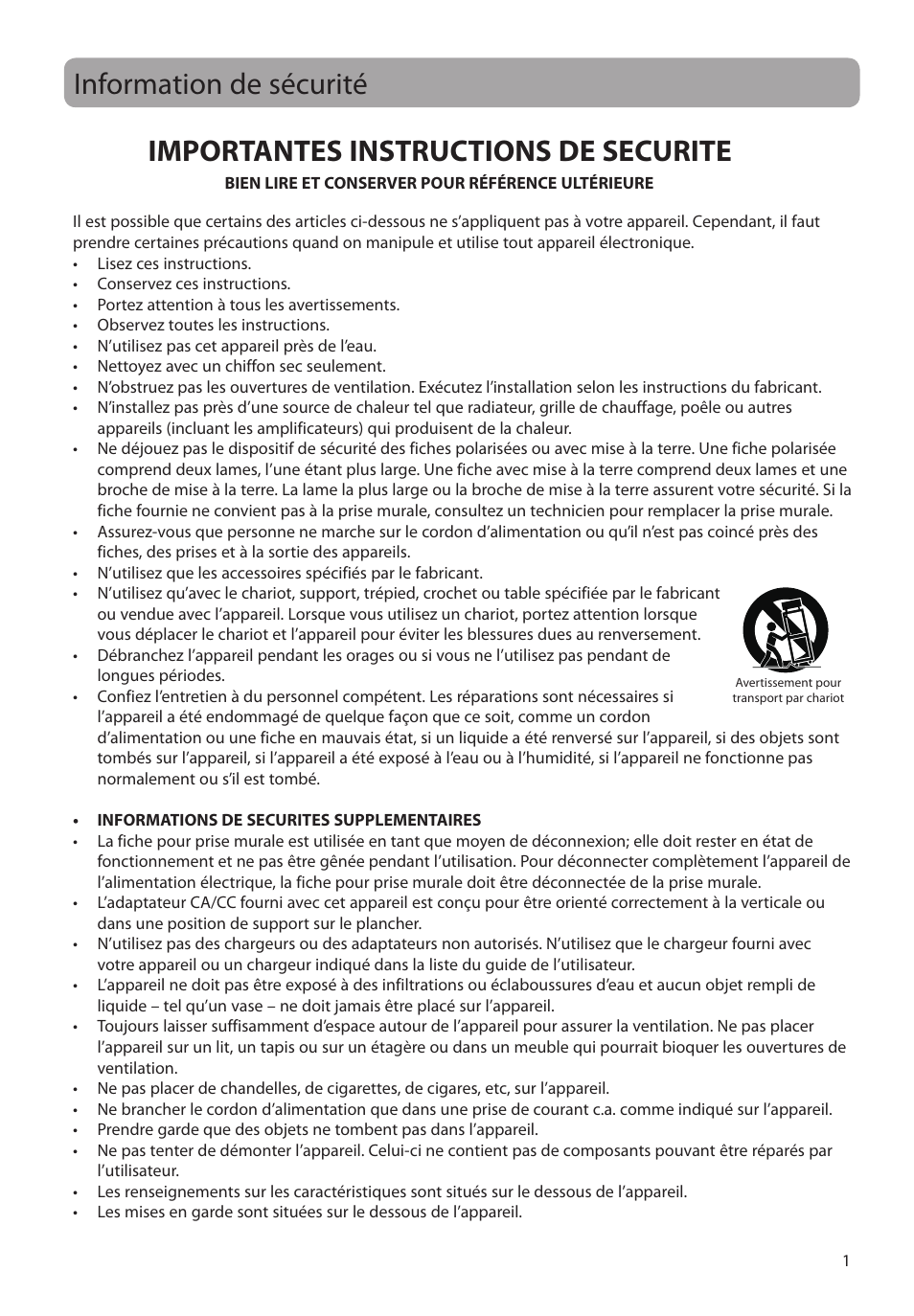 Information de sécurité, Importantes instructions de securite | RCA M39 series User Manual | Page 79 / 116