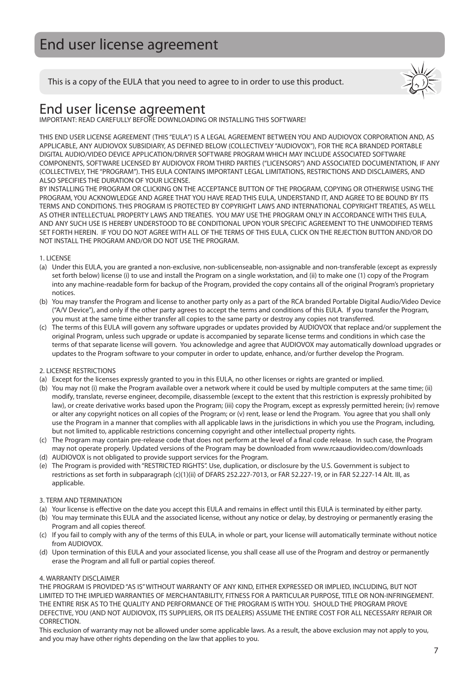 End user license agreement | RCA M39 series User Manual | Page 8 / 116