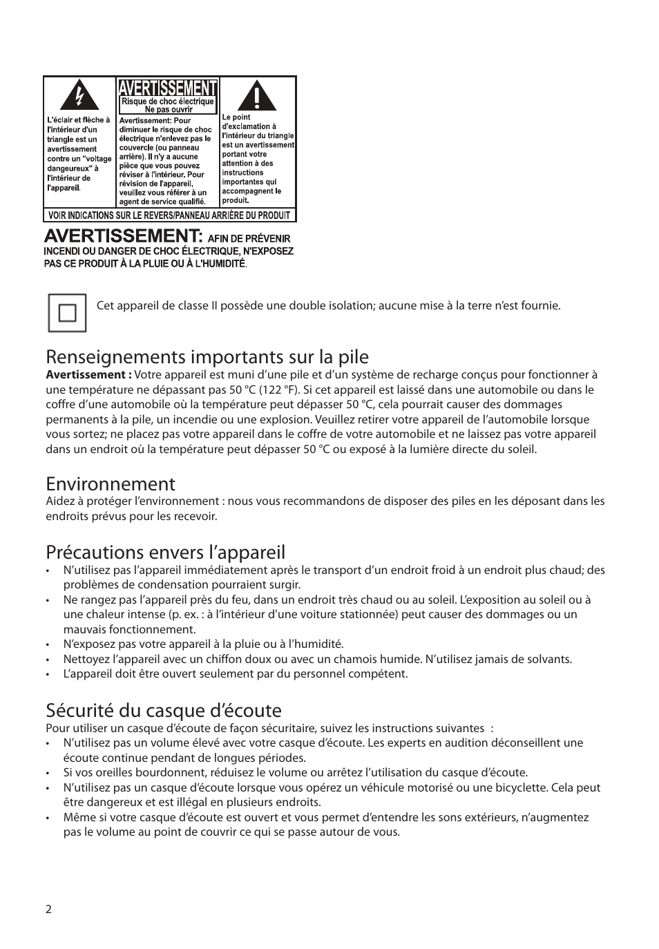 Renseignements importants sur la pile, Environnement, Précautions envers l’appareil | Sécurité du casque d’écoute | RCA M39 series User Manual | Page 80 / 116