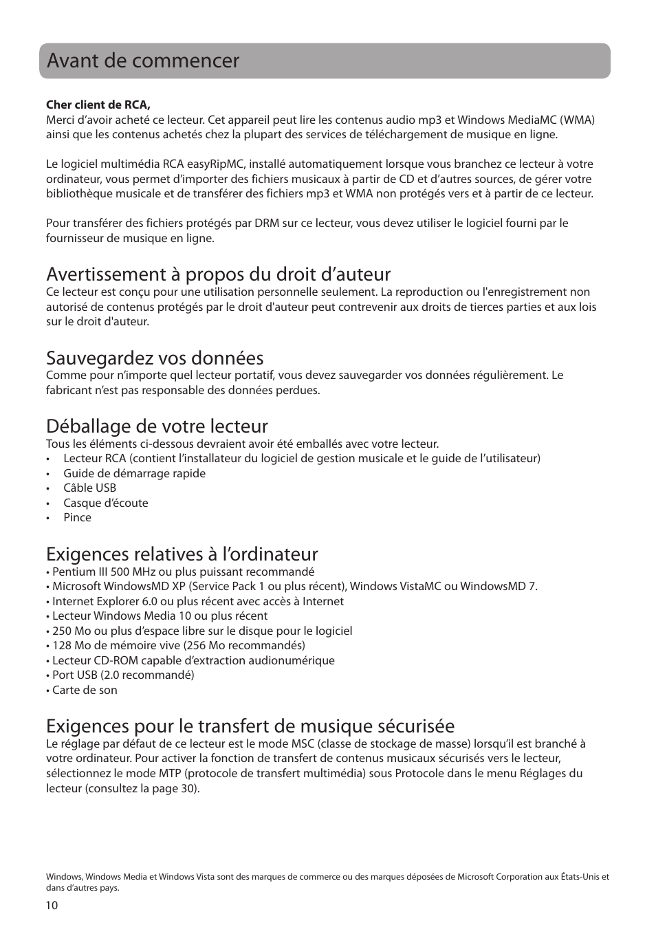 Avant de commencer, Avertissement à propos du droit d’auteur, Sauvegardez vos données | Déballage de votre lecteur, Exigences relatives à l’ordinateur, Exigences pour le transfert de musique sécurisée | RCA M39 series User Manual | Page 88 / 116