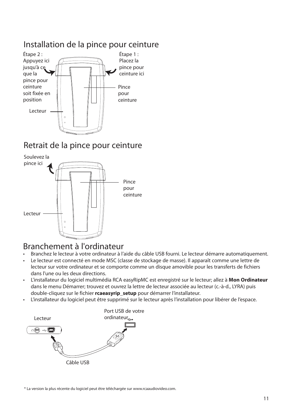 Installation de la pince pour ceinture, Retrait de la pince pour ceinture, Branchement à l'ordinateur | RCA M39 series User Manual | Page 89 / 116