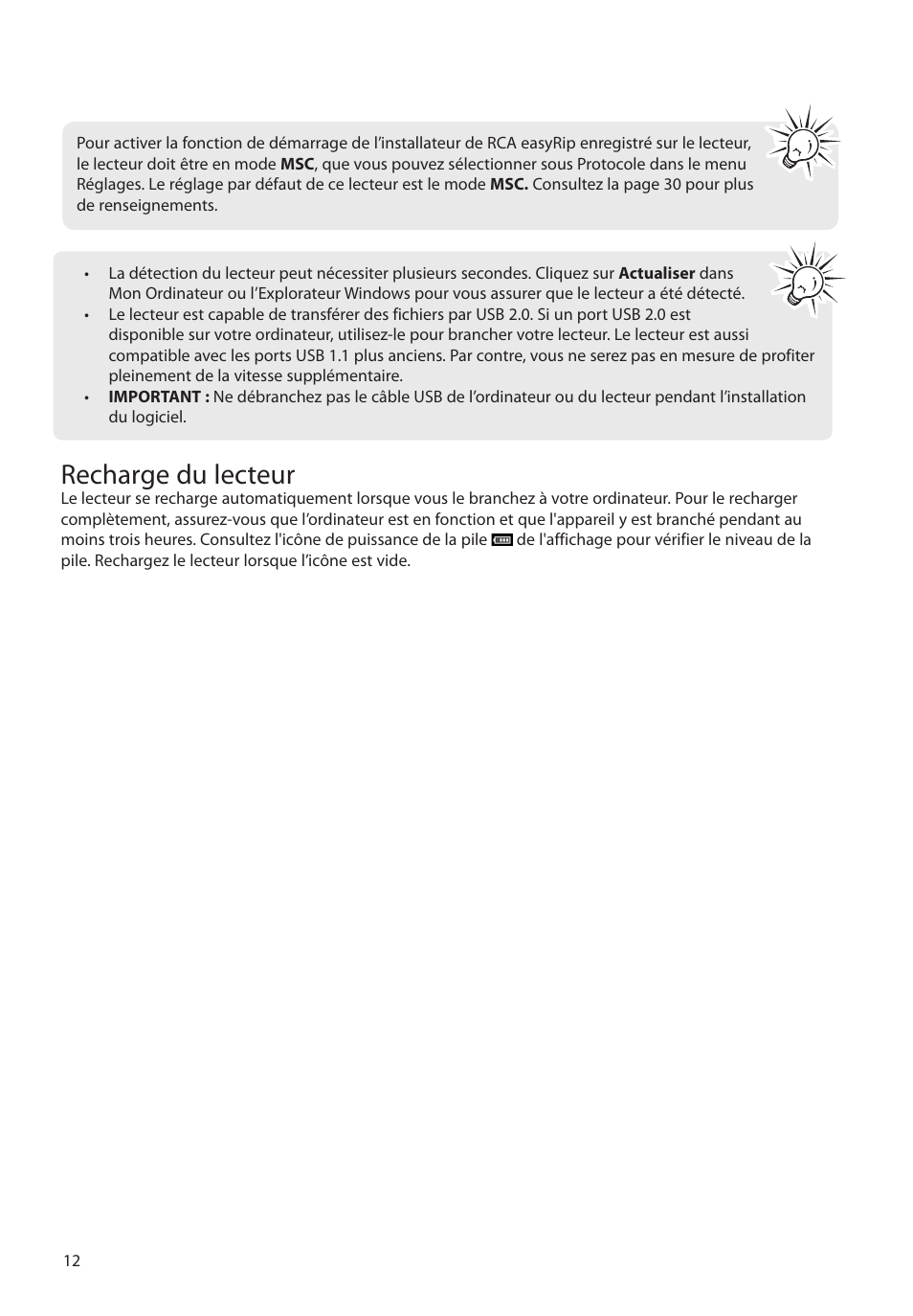 Recharge du lecteur | RCA M39 series User Manual | Page 90 / 116