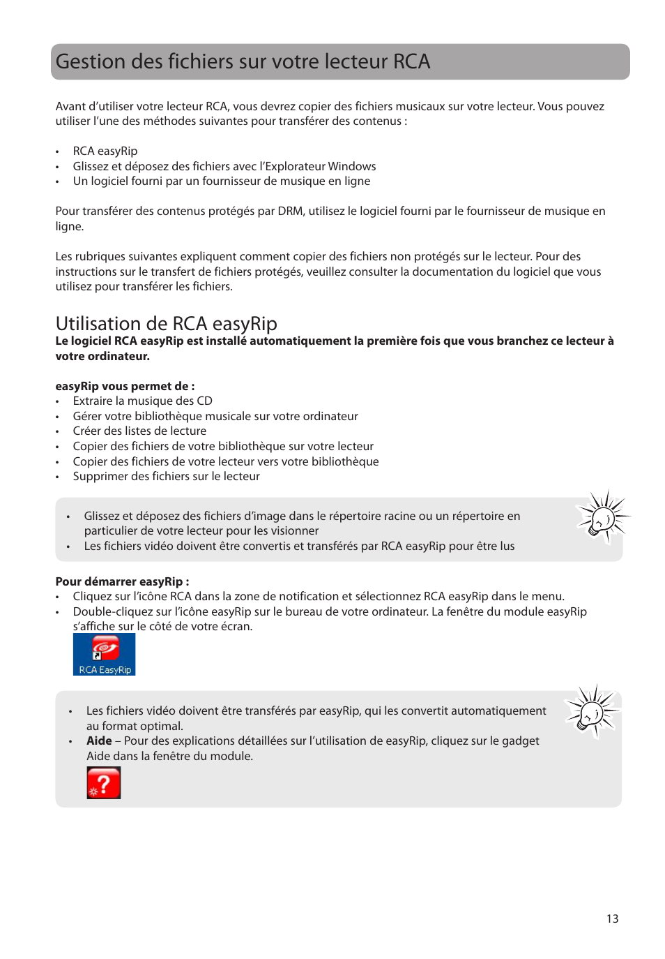 Gestion des fichiers sur votre lecteur rca, Utilisation de rca easyrip | RCA M39 series User Manual | Page 91 / 116