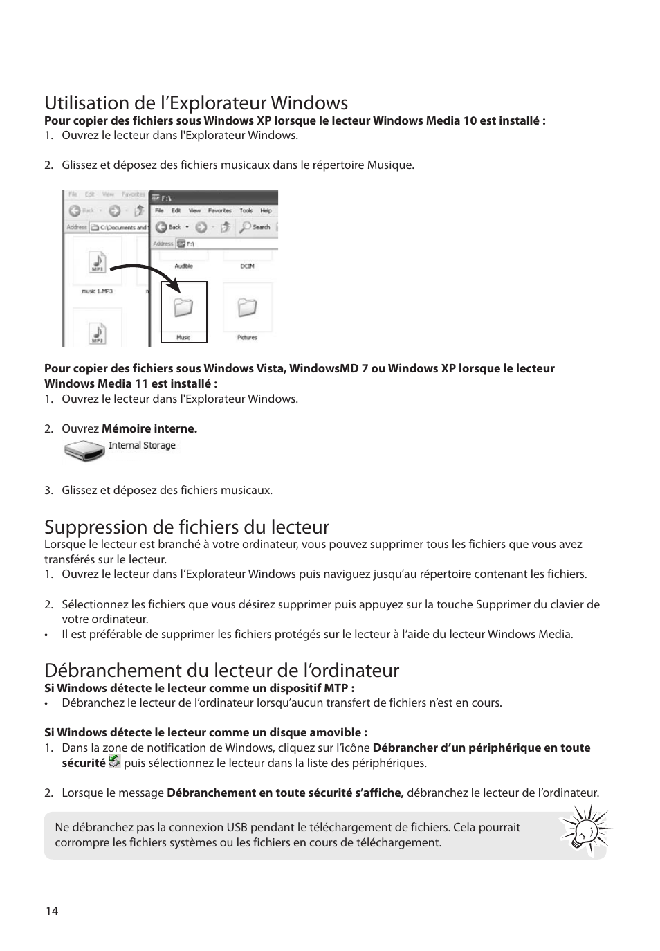 Utilisation de l’explorateur windows, Suppression de fichiers du lecteur, Débranchement du lecteur de l’ordinateur | RCA M39 series User Manual | Page 92 / 116