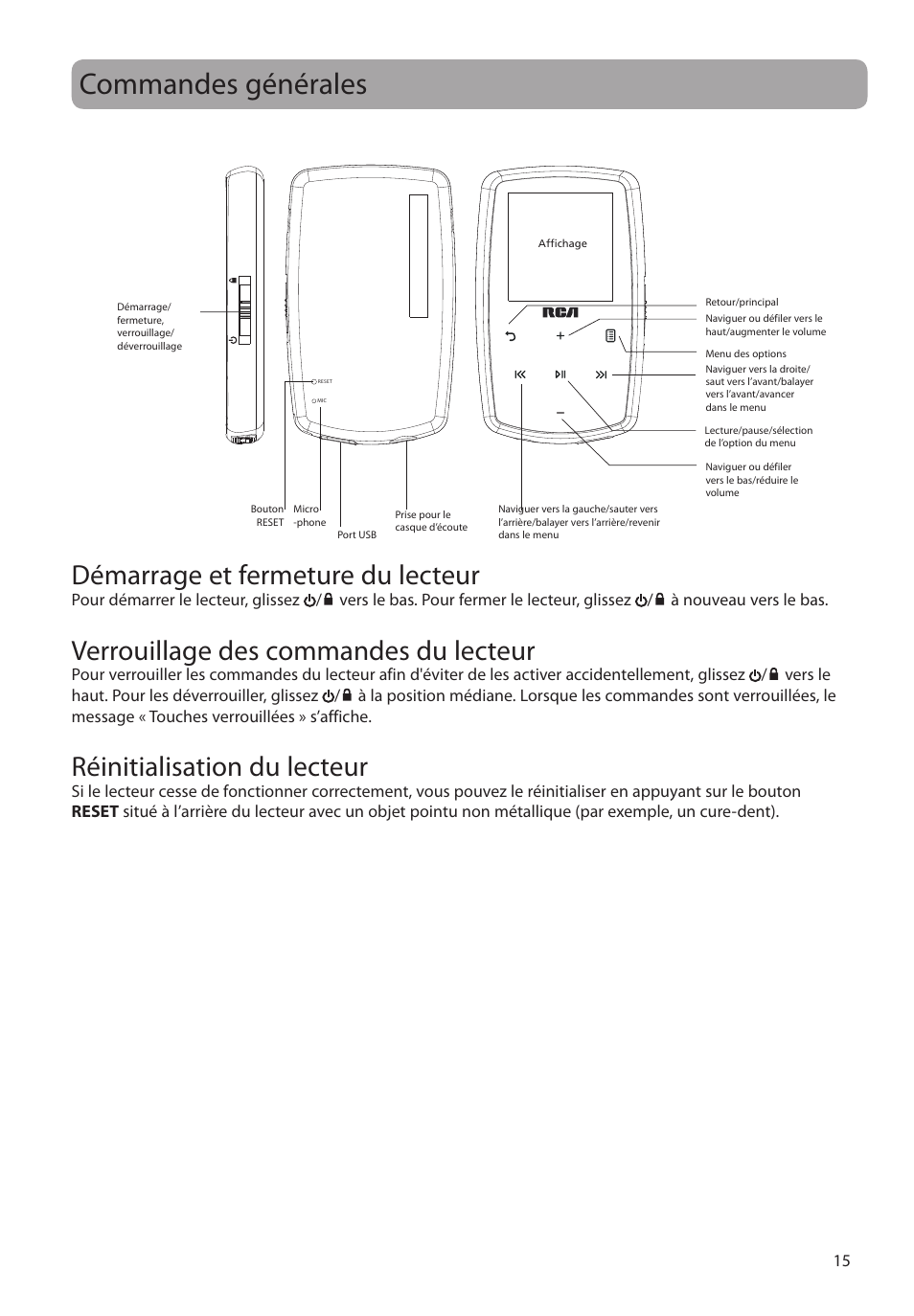 Commandes générales, Démarrage et fermeture du lecteur, Verrouillage des commandes du lecteur | Réinitialisation du lecteur | RCA M39 series User Manual | Page 93 / 116