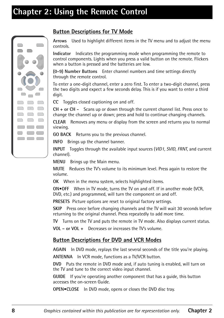Chapter 2: using the remote control, 8chapter 2, Button descriptions for tv mode | Button descriptions for dvd and vcr modes | RCA Television 1616202B User Manual | Page 10 / 32