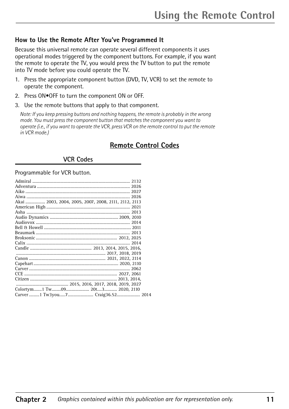 Using the remote control, Chapter 2 11, Remote control codes | RCA Television 1616202B User Manual | Page 13 / 32