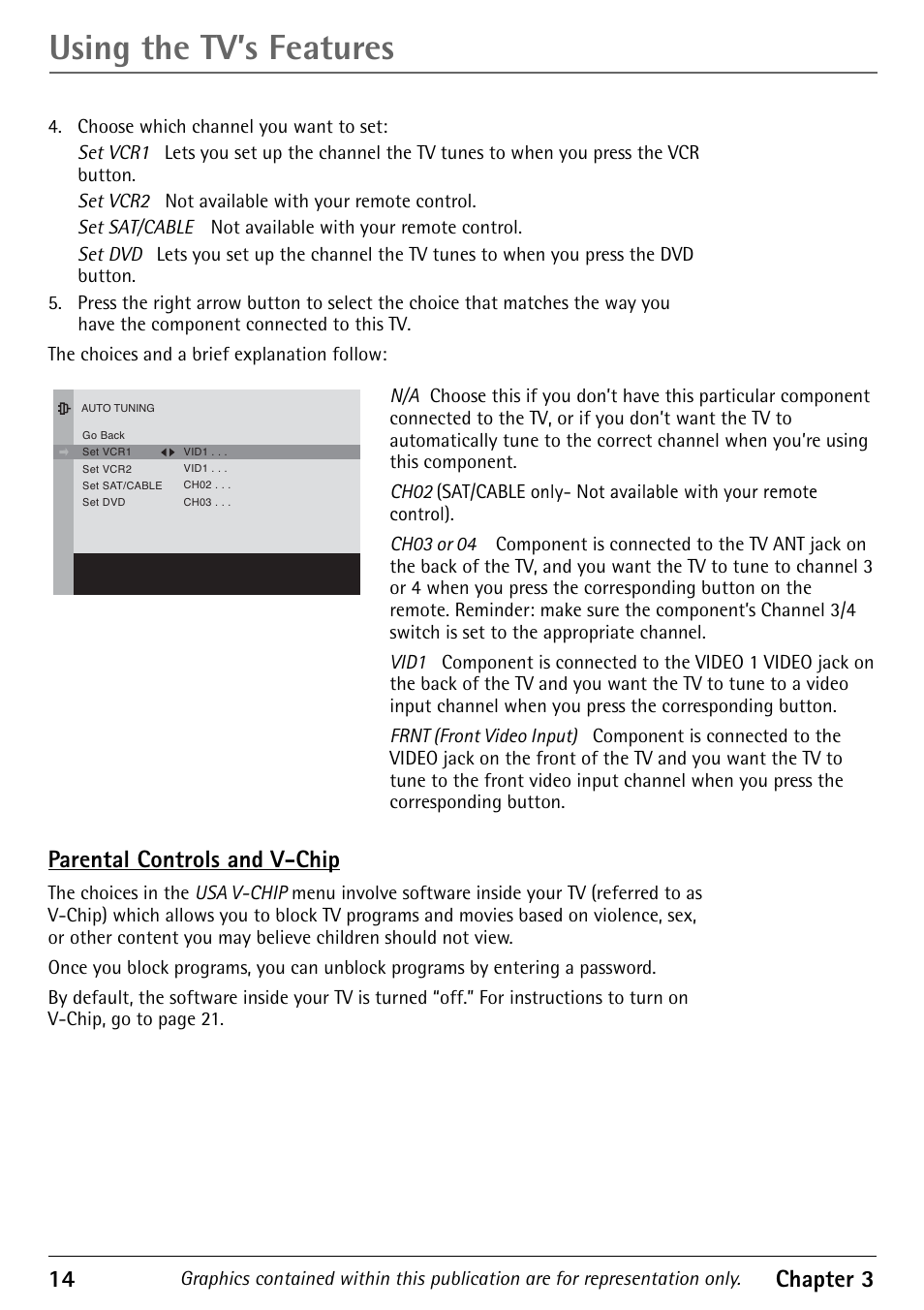 Using the tv’s features, 14 chapter 3, Parental controls and v-chip | RCA Television 1616202B User Manual | Page 16 / 32