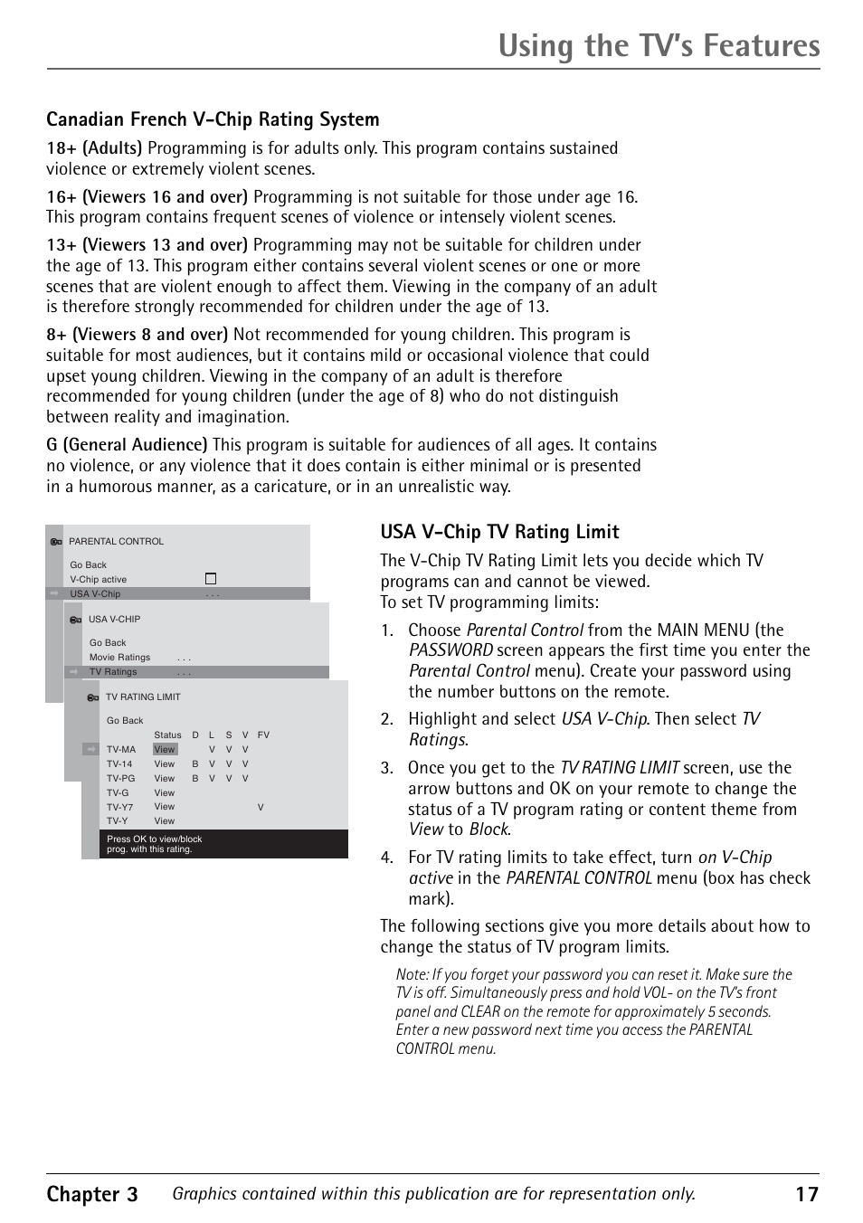 Using the tv’s features, Chapter 3 17, Canadian french v-chip rating system | Usa v-chip tv rating limit | RCA Television 1616202B User Manual | Page 19 / 32