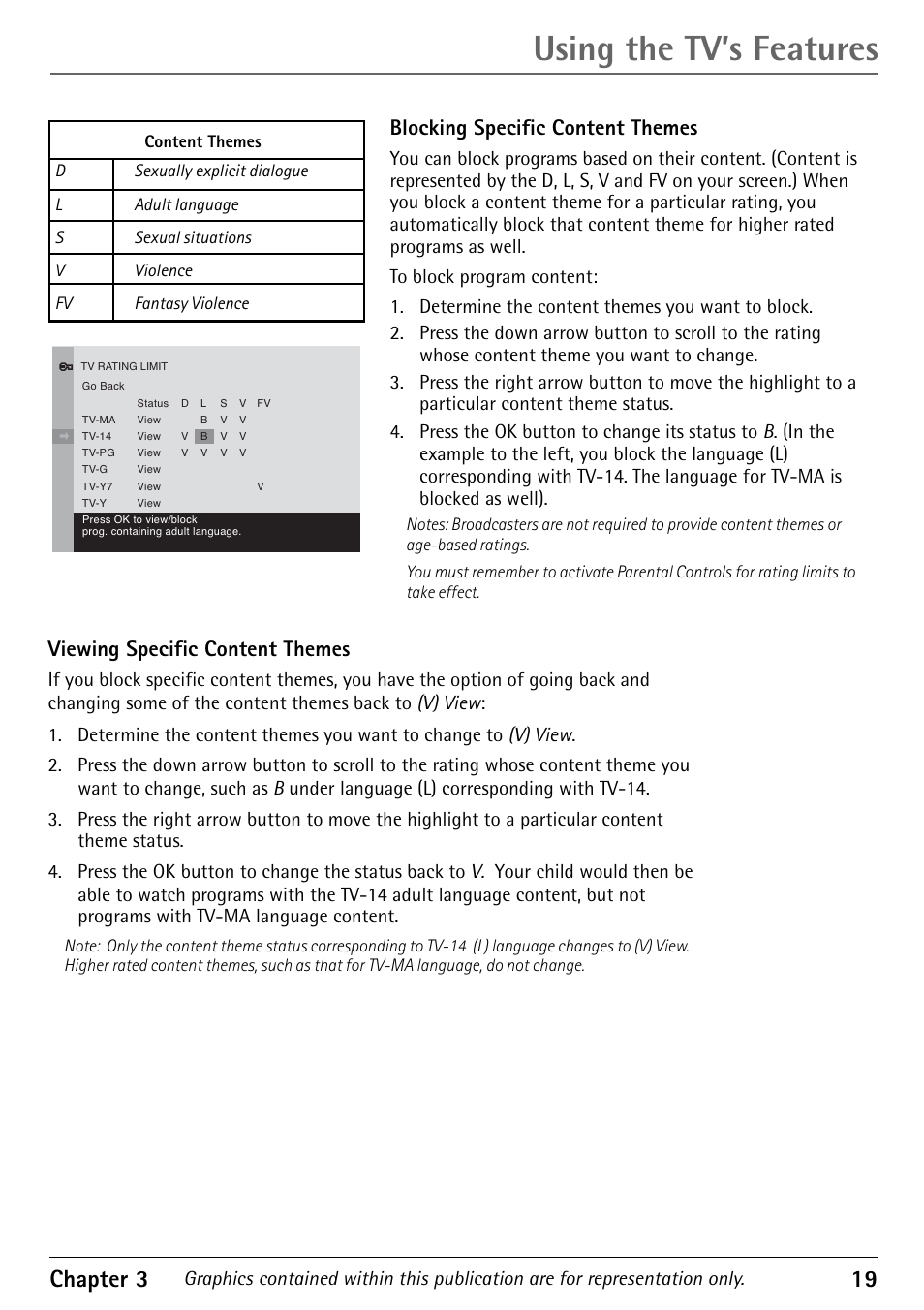 Using the tv’s features, Chapter 3 19, Blocking specific content themes | Viewing specific content themes | RCA Television 1616202B User Manual | Page 21 / 32