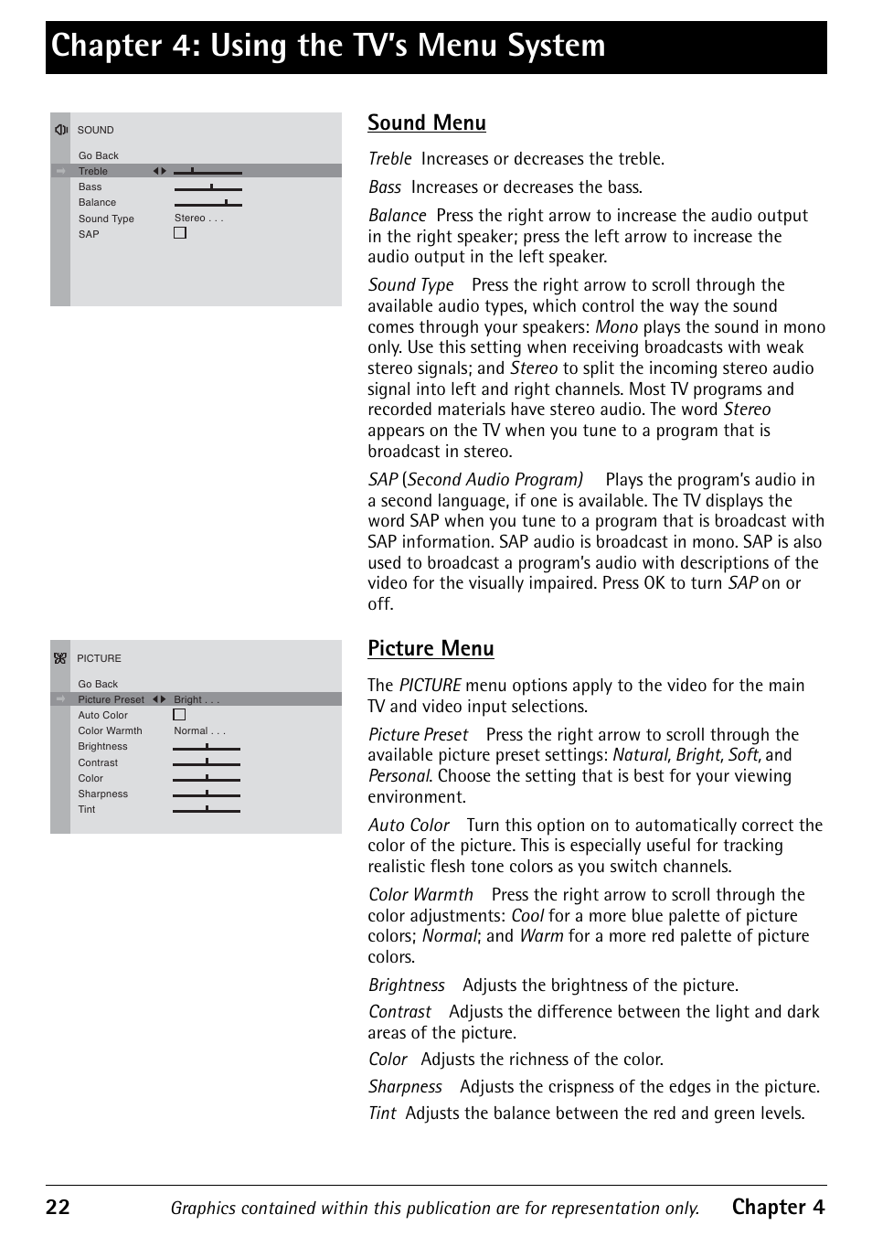 Chapter 4: using the tv’s menu system, 22 chapter 4, Sound menu | Picture menu | RCA Television 1616202B User Manual | Page 24 / 32