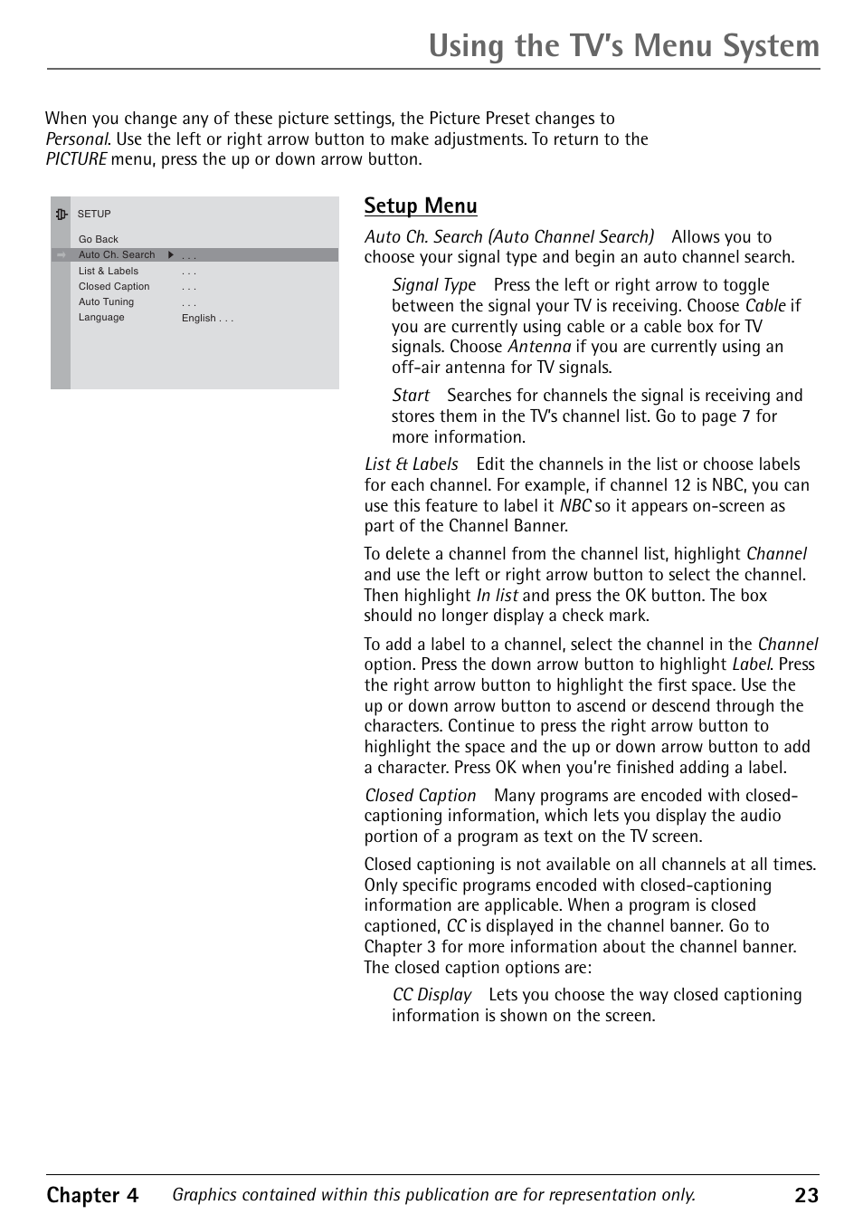 Using the tv’s menu system, Chapter 4 23, Setup menu | RCA Television 1616202B User Manual | Page 25 / 32