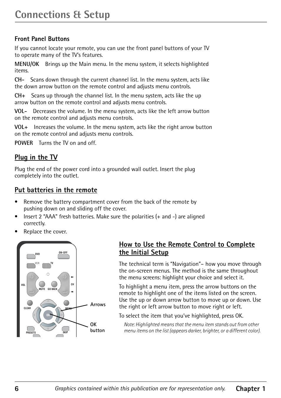 Connections & setup, 6chapter 1, Plug in the tv | Put batteries in the remote, Front panel buttons | RCA Television 1616202B User Manual | Page 8 / 32