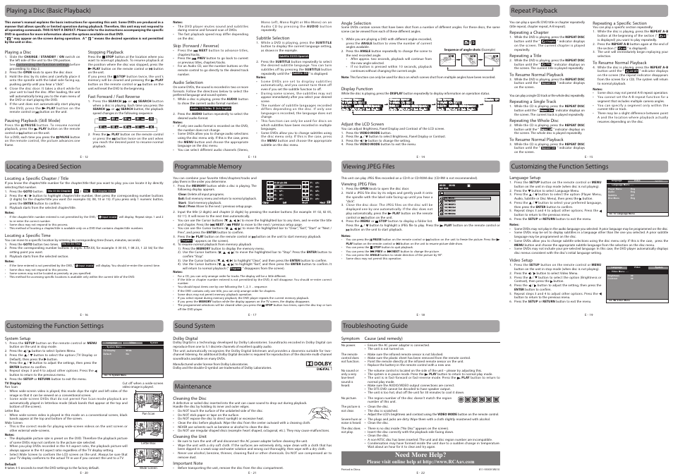 Playing a disc (basic playback) repeat playback, Customizing the function settings, Sound system troubleshooting guide maintenance | Need more help | RCA DRC99390 User Manual | Page 2 / 2