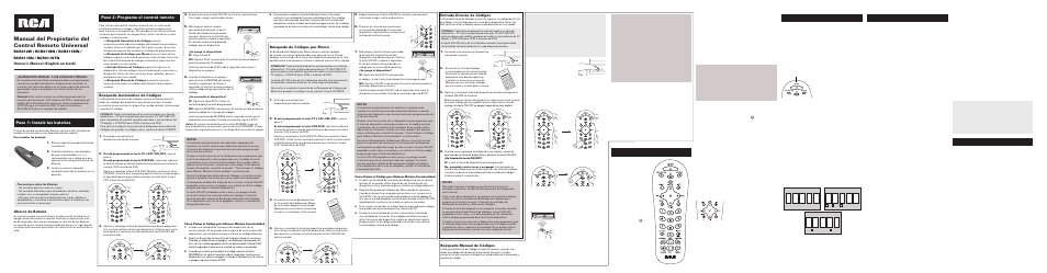 Paso 1: instale las baterías, Paso 2: programe el control remoto, Búsqueda de códigos por marca | Entrada directa de códigos, Búsqueda manual de códigos, Ahorro de batería, Búsqueda automática de códigos | RCA RCR311BN User Manual | Page 3 / 4
