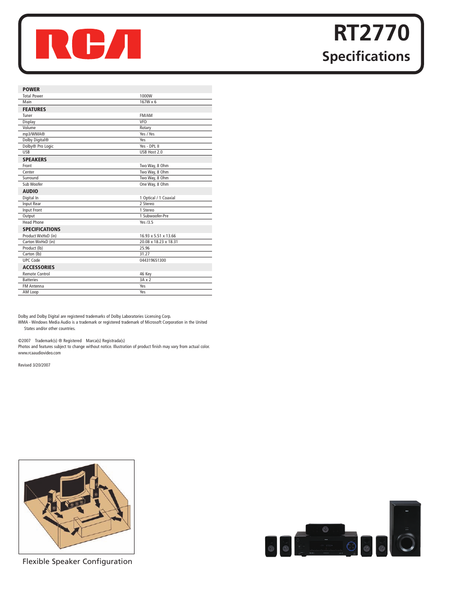 Rt2770, Specifications, Flexible speaker configuration | RCA RT2770 User Manual | Page 2 / 2