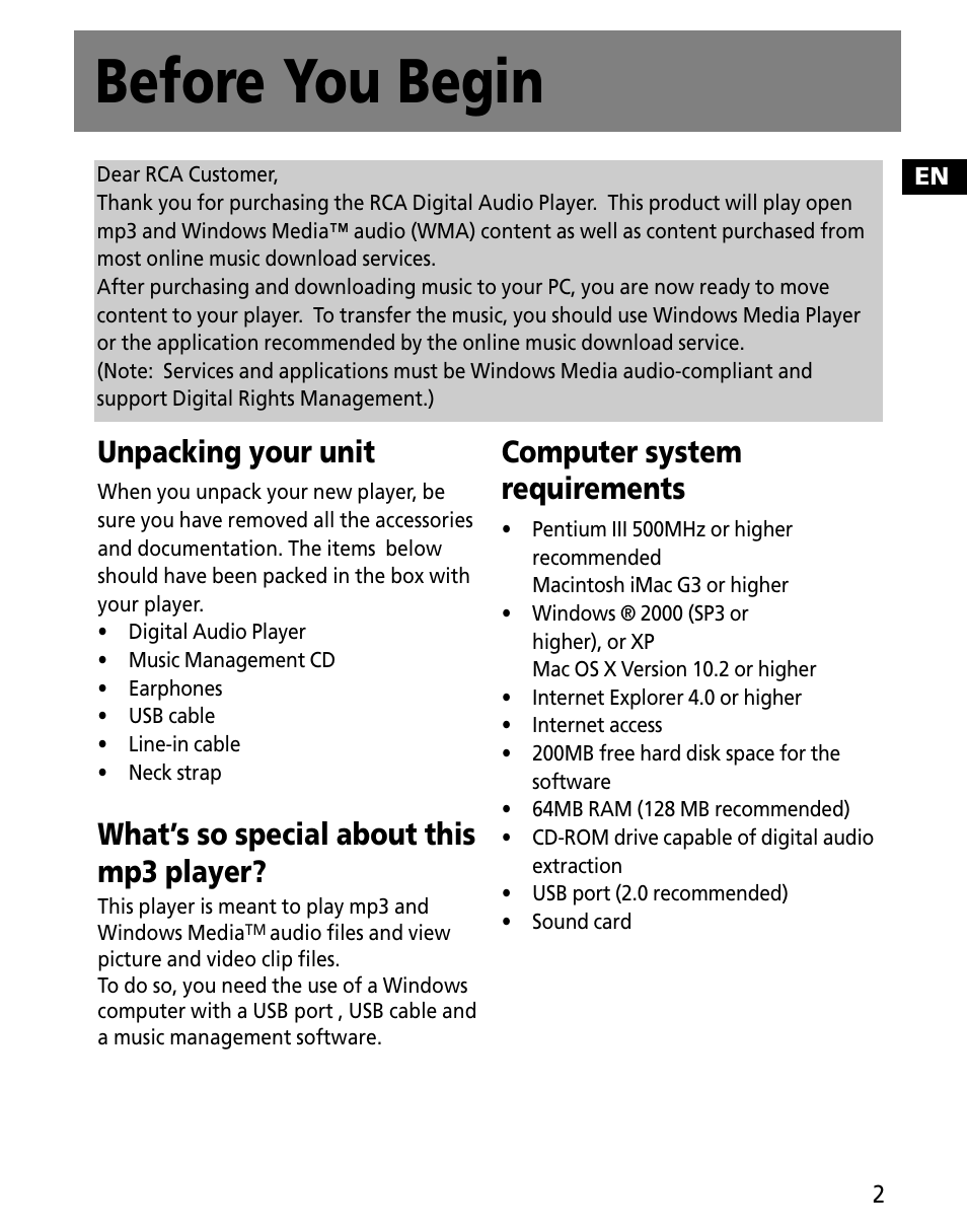 Before you begin, Unpacking your unit, What’s so special about this mp3 player | Computer system requirements | RCA MC2602 User Manual | Page 11 / 49