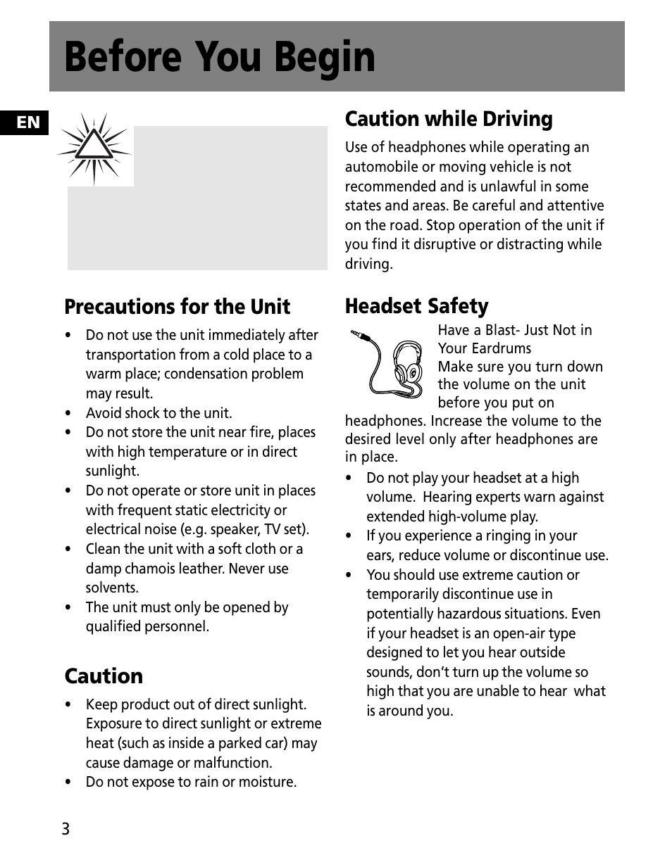 Before you begin, Precautions for the unit, Caution | Caution while driving, Headset safety | RCA MC2602 User Manual | Page 12 / 49