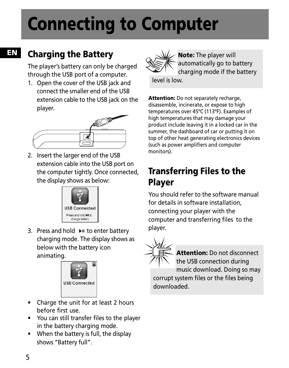 Connecting to computer, Charging the battery, Transferring files to the player | RCA MC2602 User Manual | Page 14 / 49