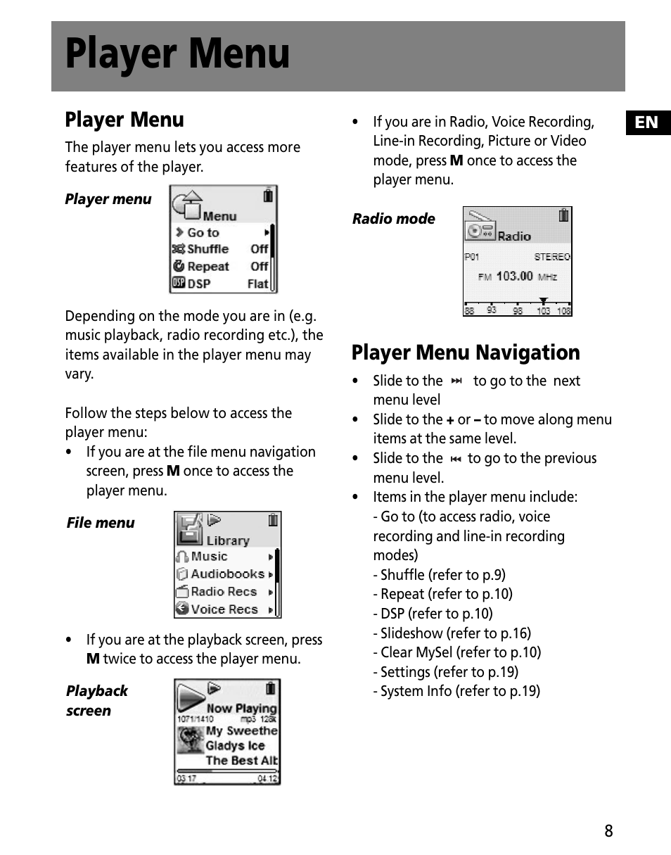 Player menu, Player menu navigation | RCA MC2602 User Manual | Page 17 / 49