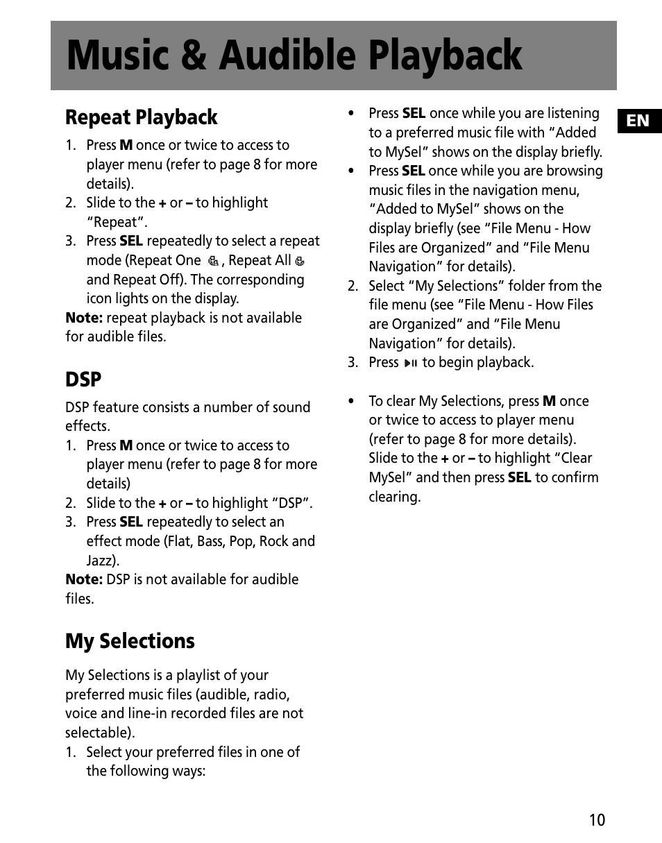 Music & audible playback, Repeat playback, My selections | RCA MC2602 User Manual | Page 19 / 49