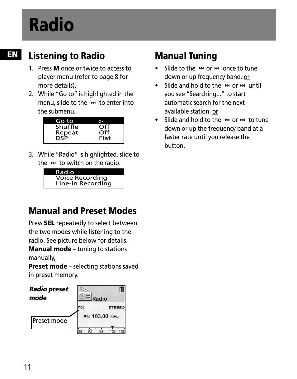 Radio, Listening to radio, Manual and preset modes | Manual tuning | RCA MC2602 User Manual | Page 20 / 49