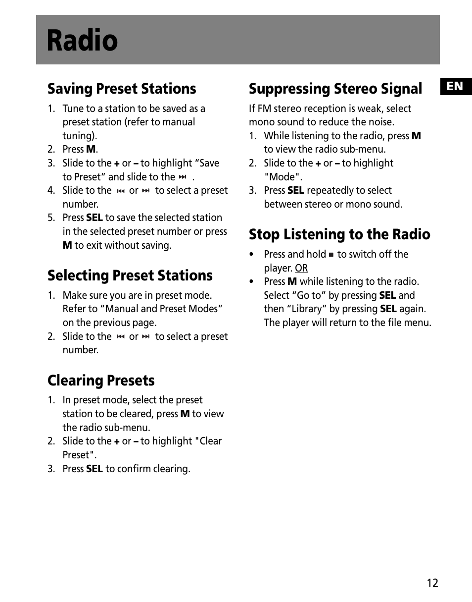 Radio, Saving preset stations, Selecting preset stations | Clearing presets, Suppressing stereo signal, Stop listening to the radio | RCA MC2602 User Manual | Page 21 / 49