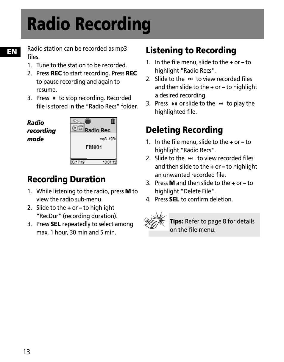 Radio recording, Recording duration, Listening to recording | Deleting recording | RCA MC2602 User Manual | Page 22 / 49