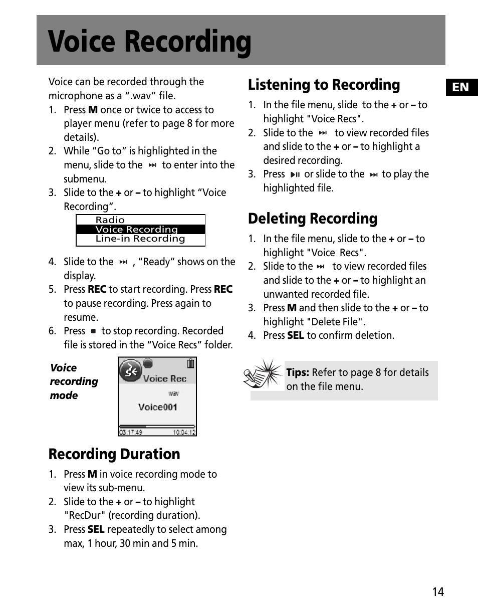 Voice recording, Recording duration, Listening to recording | Deleting recording | RCA MC2602 User Manual | Page 23 / 49