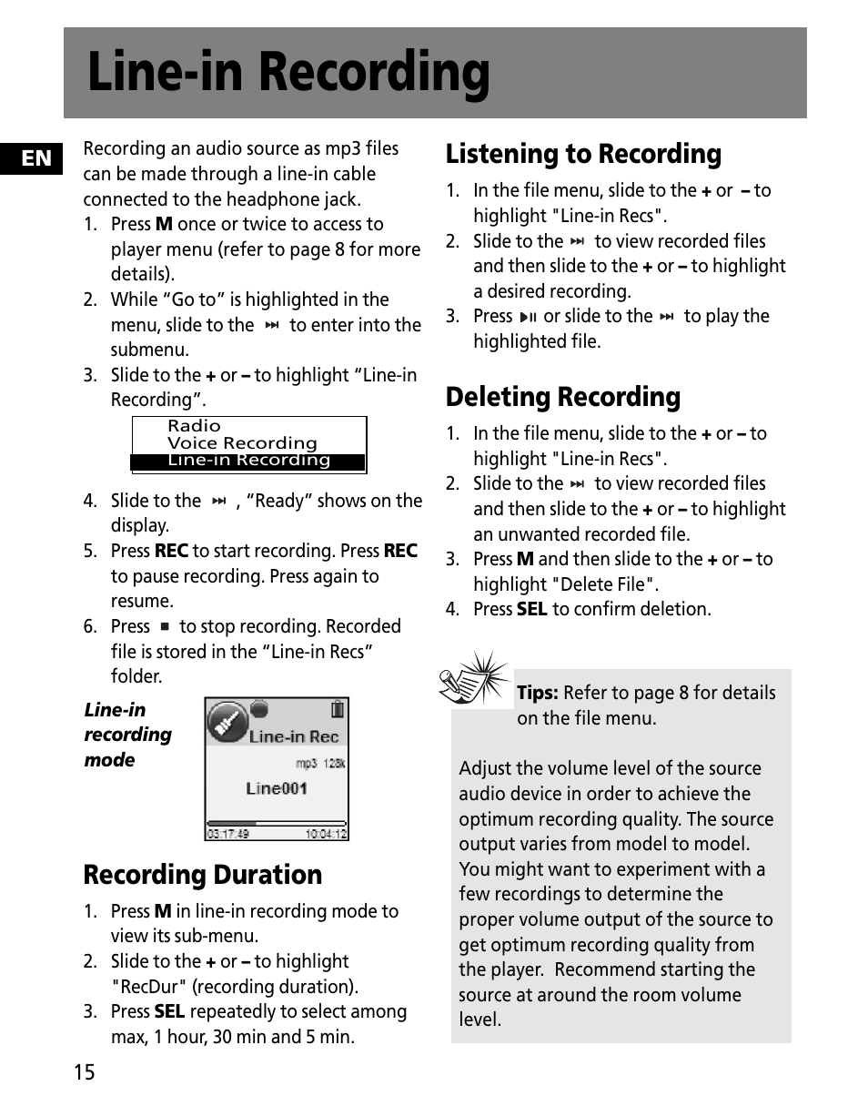 Line-in recording, Recording duration, Listening to recording | Deleting recording | RCA MC2602 User Manual | Page 24 / 49