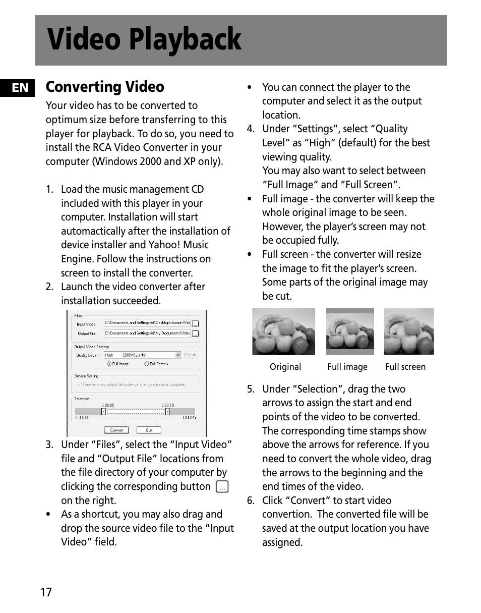 Video playback, Converting video | RCA MC2602 User Manual | Page 26 / 49