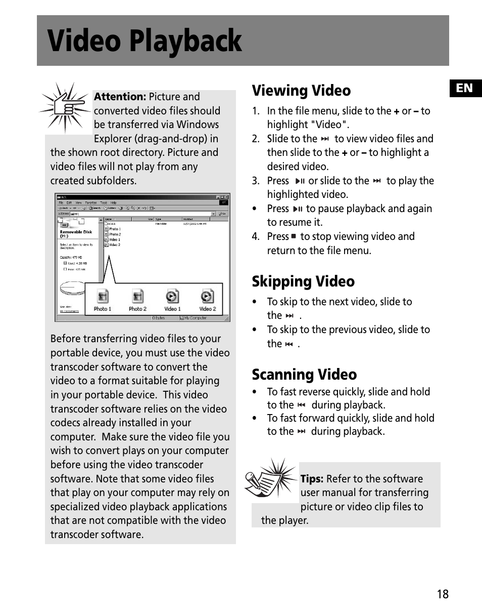 Video playback, Viewing video, Skipping video | Scanning video | RCA MC2602 User Manual | Page 27 / 49