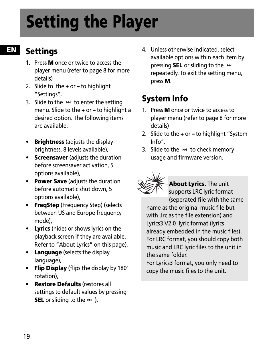 Setting the player, Settings, System info | RCA MC2602 User Manual | Page 28 / 49